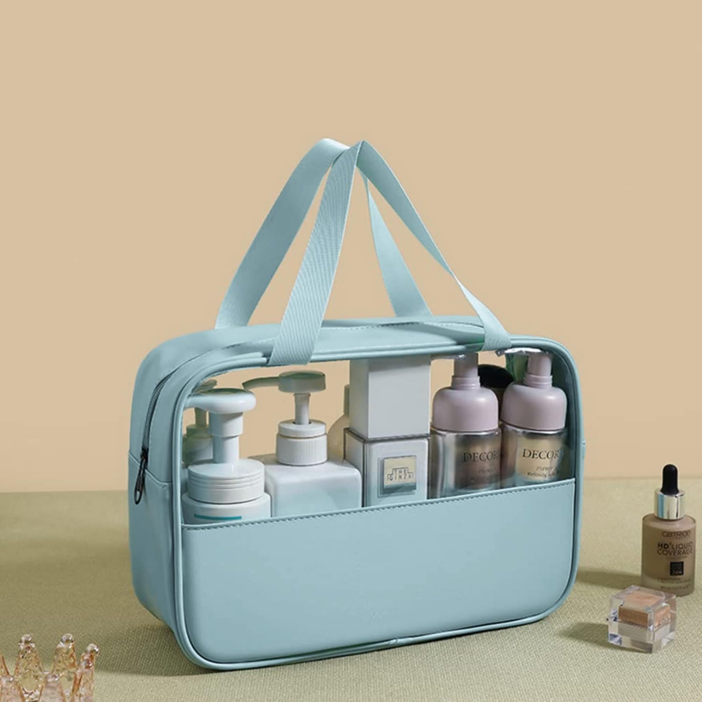 Travel Toiletry Pouch for Women & Men, Portable Cosmetic Organizer Bag for Full-Sized Shampoo, Brushes Set, (Blue, 3 pcs Set)