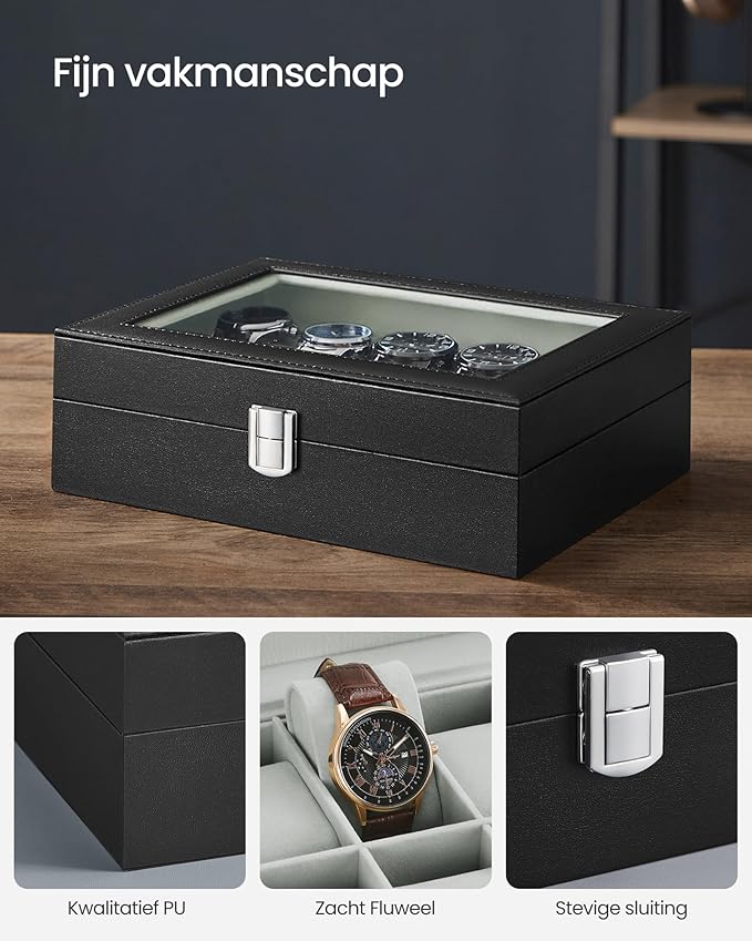 Watch Box With 10 Compartments, Watch Box With Glass Lid