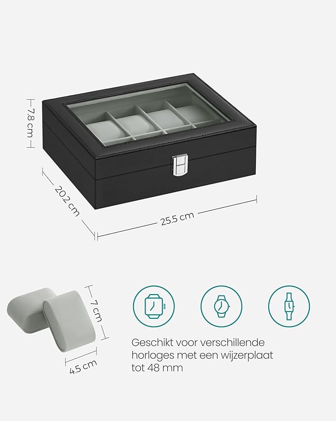 Watch Box With 10 Compartments, Watch Box With Glass Lid