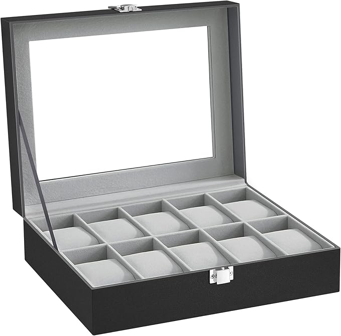 Watch Box With 10 Compartments, Watch Box With Glass Lid