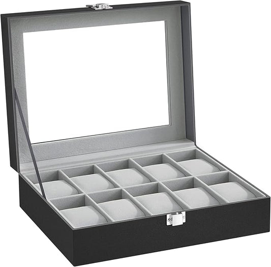 Watch Box With 10 Compartments, Watch Box With Glass Lid