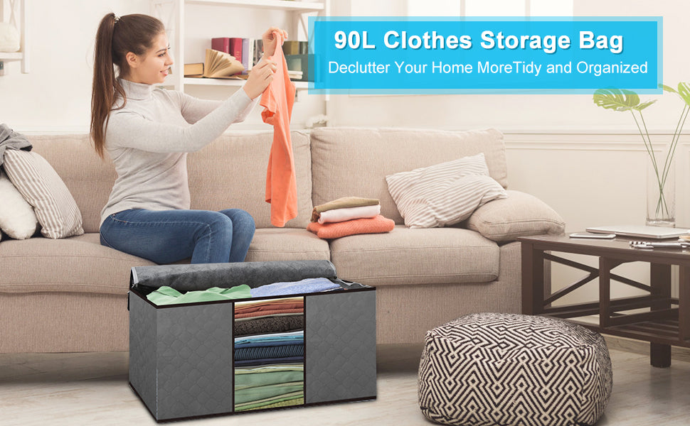 Clothes Storage Bag 90L Large Capacity Solution Organizer for Clothes, Duvets, Comforters, Blankets, Bedding with Zip and Clear Window Reinforced Handle Thick and Breathable