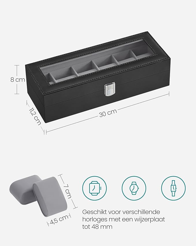 Watch Box 6 Watches, PU lid in Black, Velvet Lining