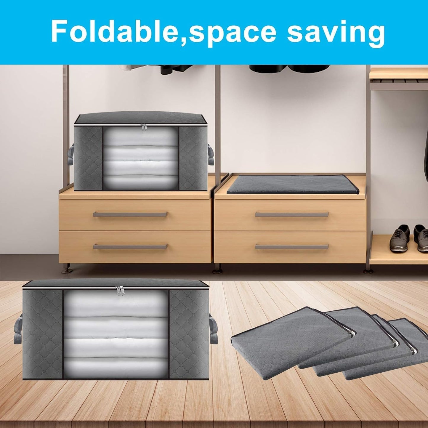 Clothes Storage Bag 90L Large Capacity Solution Organizer for Clothes, Duvets, Comforters, Blankets, Bedding with Zip and Clear Window Reinforced Handle Thick and Breathable