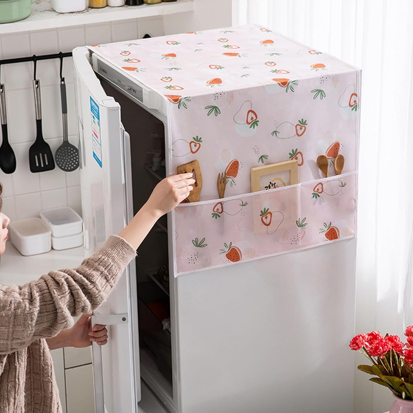 Fridge Cover for Top with 6 Utility Pockets Designer Prints Waterproof Ramdom Design