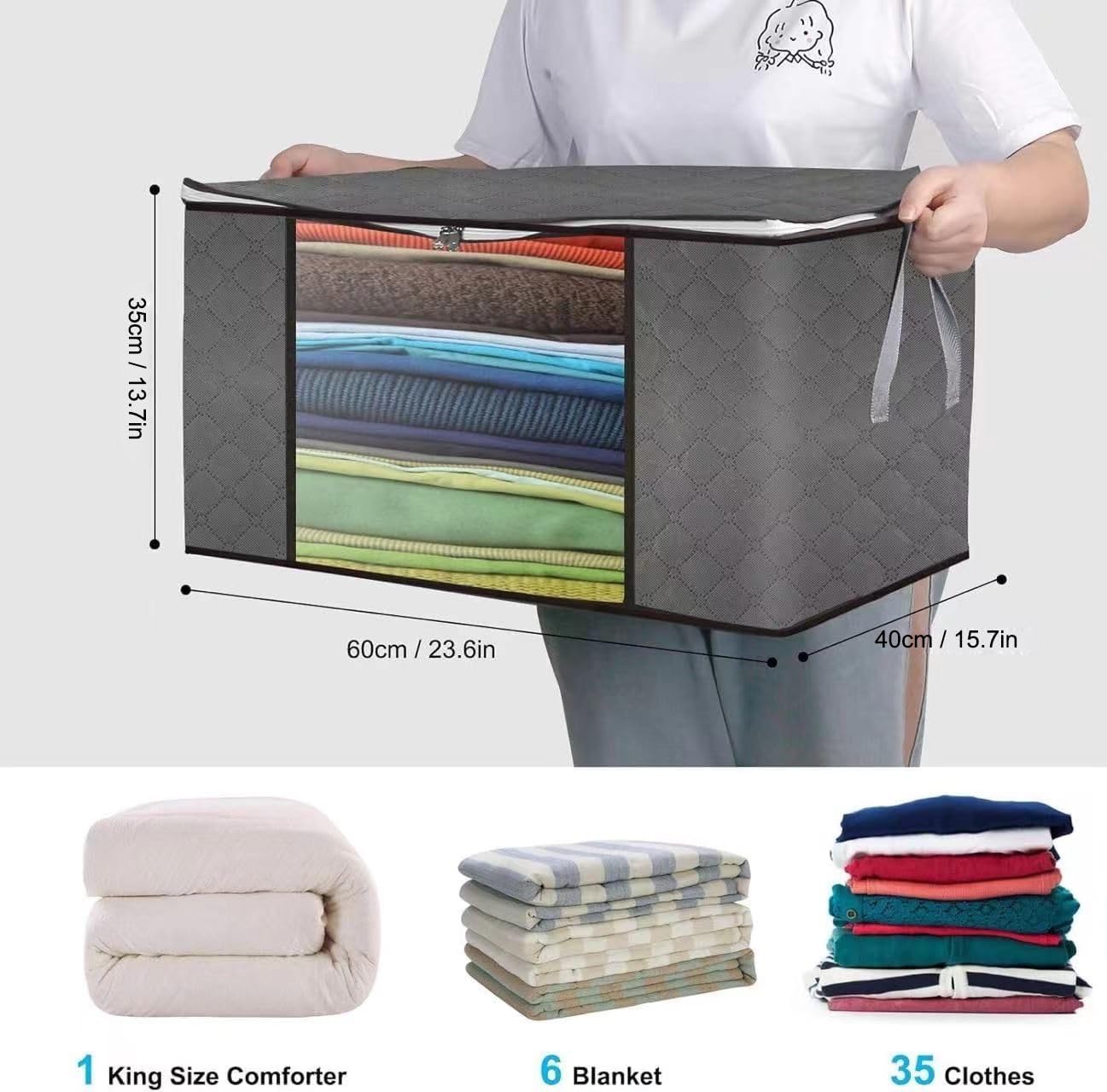 Clothes Storage Bag 90L Large Capacity Solution Organizer for Clothes, Duvets, Comforters, Blankets, Bedding with Zip and Clear Window Reinforced Handle Thick and Breathable