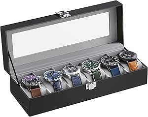 Watch Box 6 Watches, PU lid in Black, Velvet Lining
