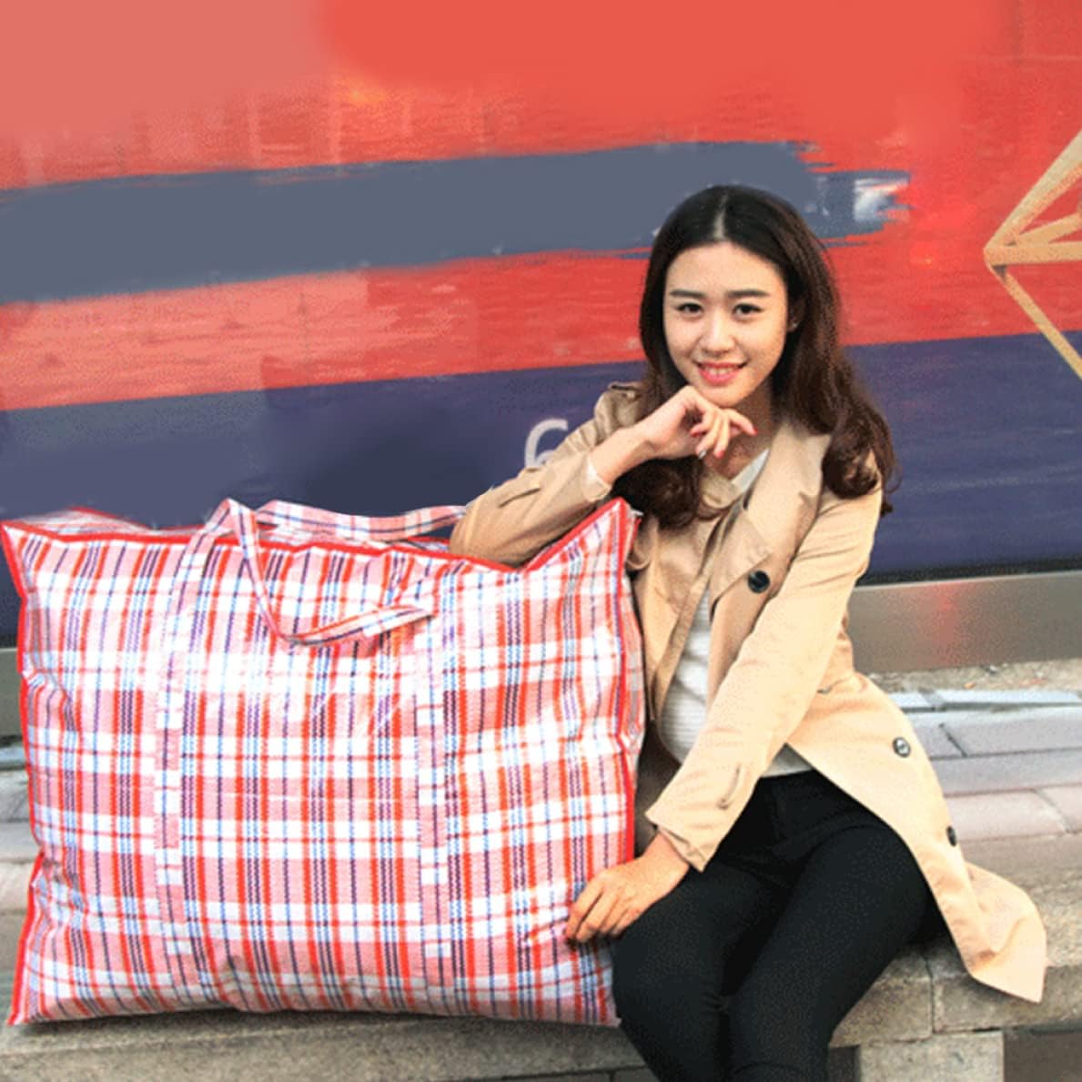 Large Storage Bag Heavy Duty Plastic Checkered Organizer with Handles Zipper Moving Carry Bag 90x60x24cm