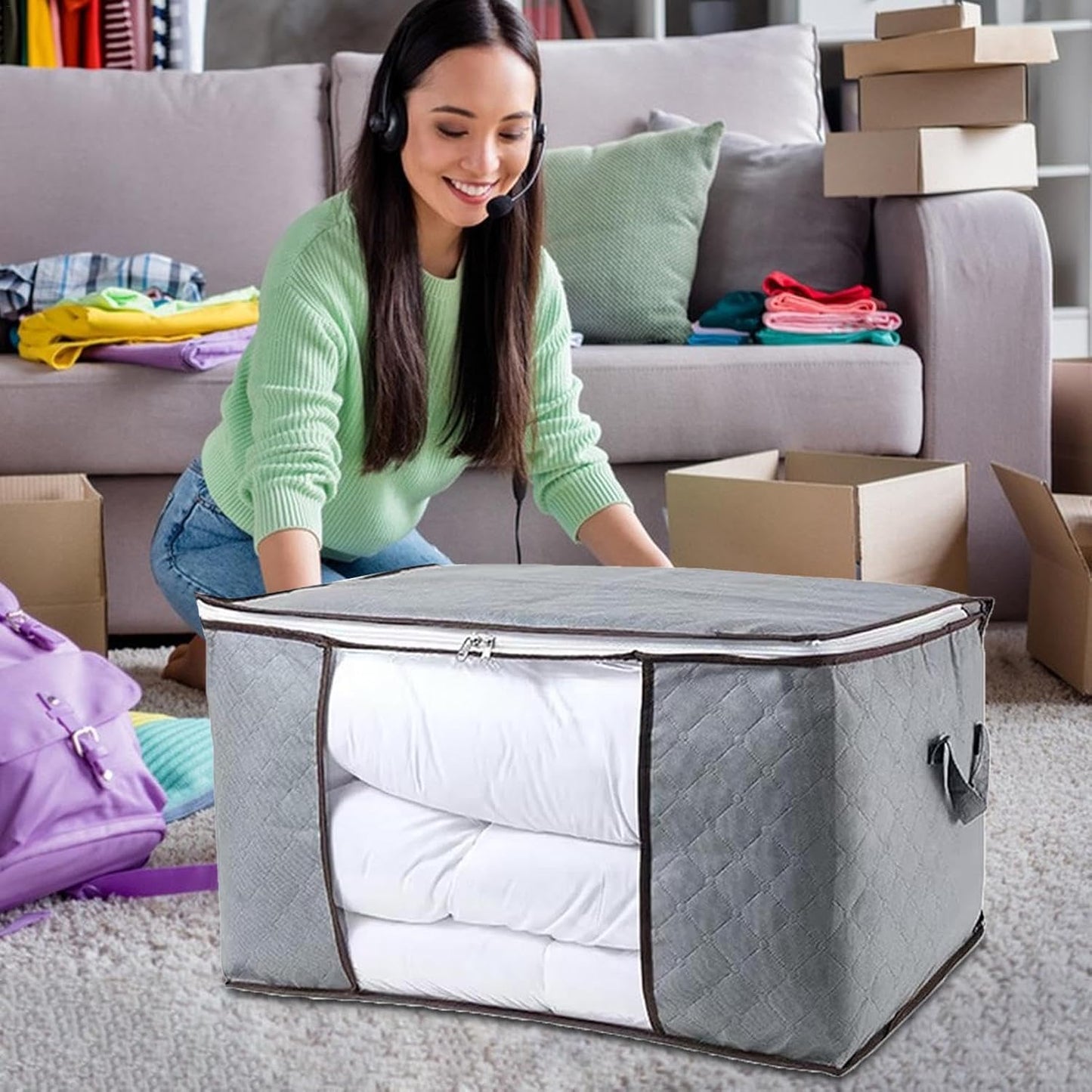 Clothes Storage Bag 90L Large Capacity Solution Organizer for Clothes, Duvets, Comforters, Blankets, Bedding with Zip and Clear Window Reinforced Handle Thick and Breathable