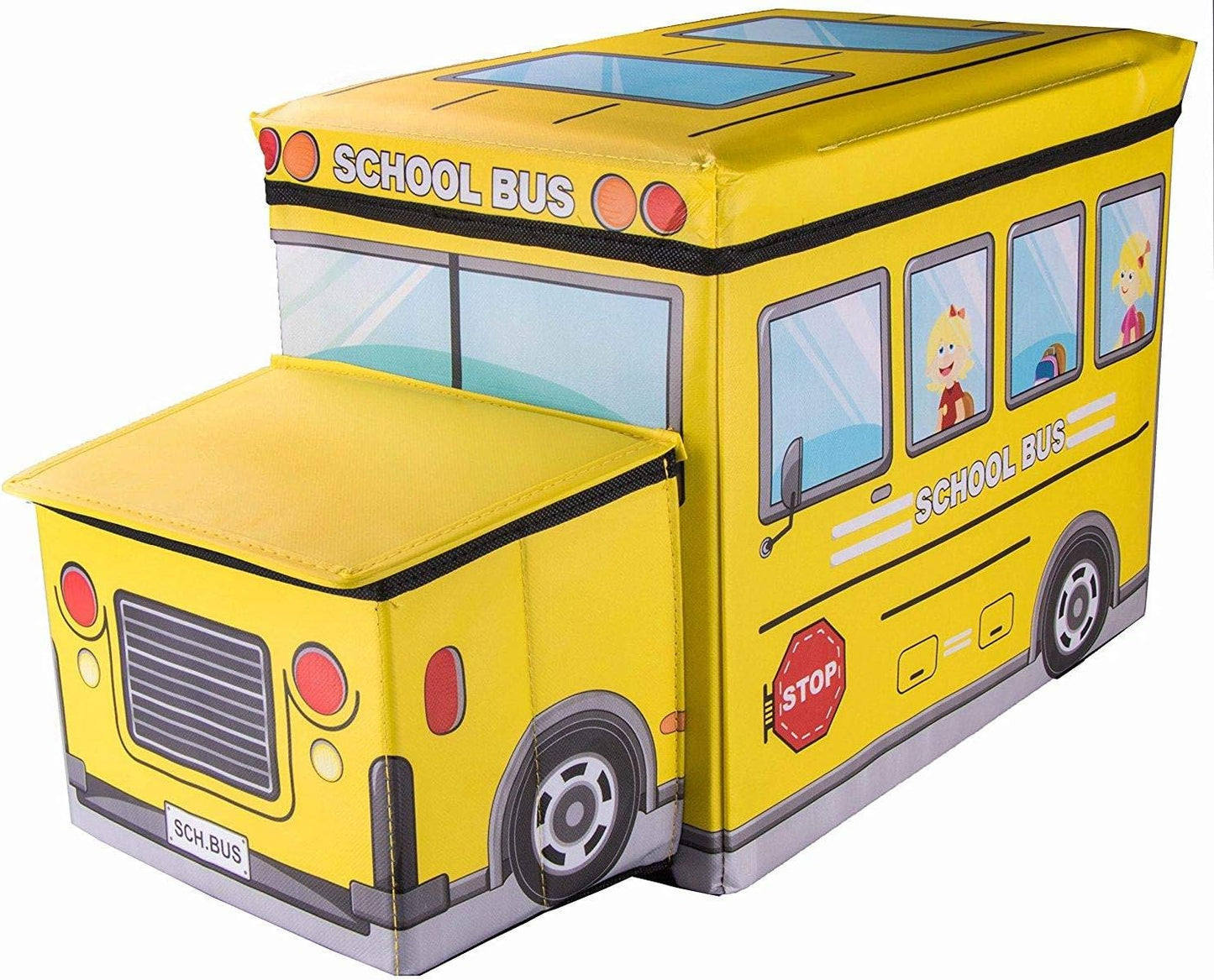 School Bus Car Shaped Folding Storage Toy Box And Seat For Kids - Multi Color