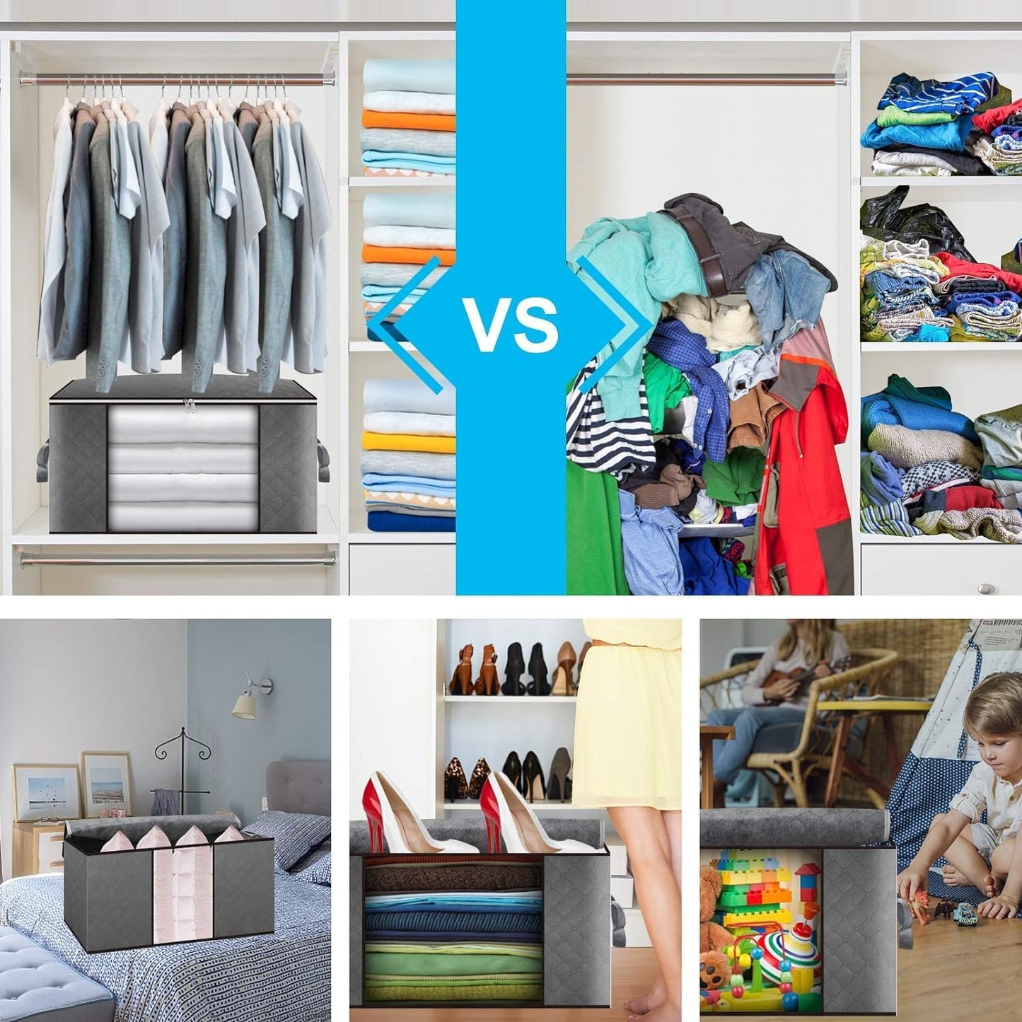 Clothes Storage Bag 90L Large Capacity Solution Organizer for Clothes, Duvets, Comforters, Blankets, Bedding with Zip and Clear Window Reinforced Handle Thick and Breathable