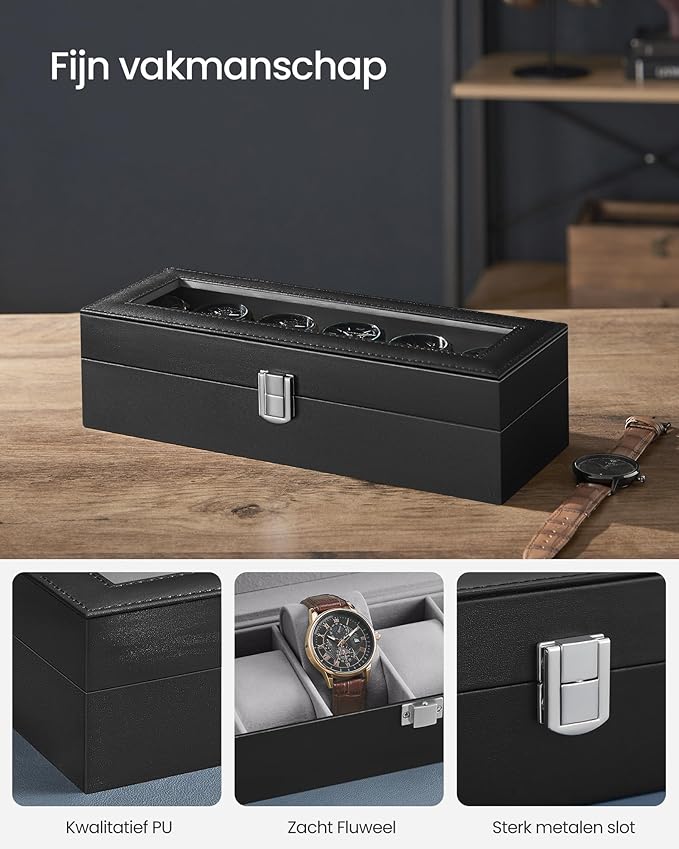 Watch Box 6 Watches, PU lid in Black, Velvet Lining