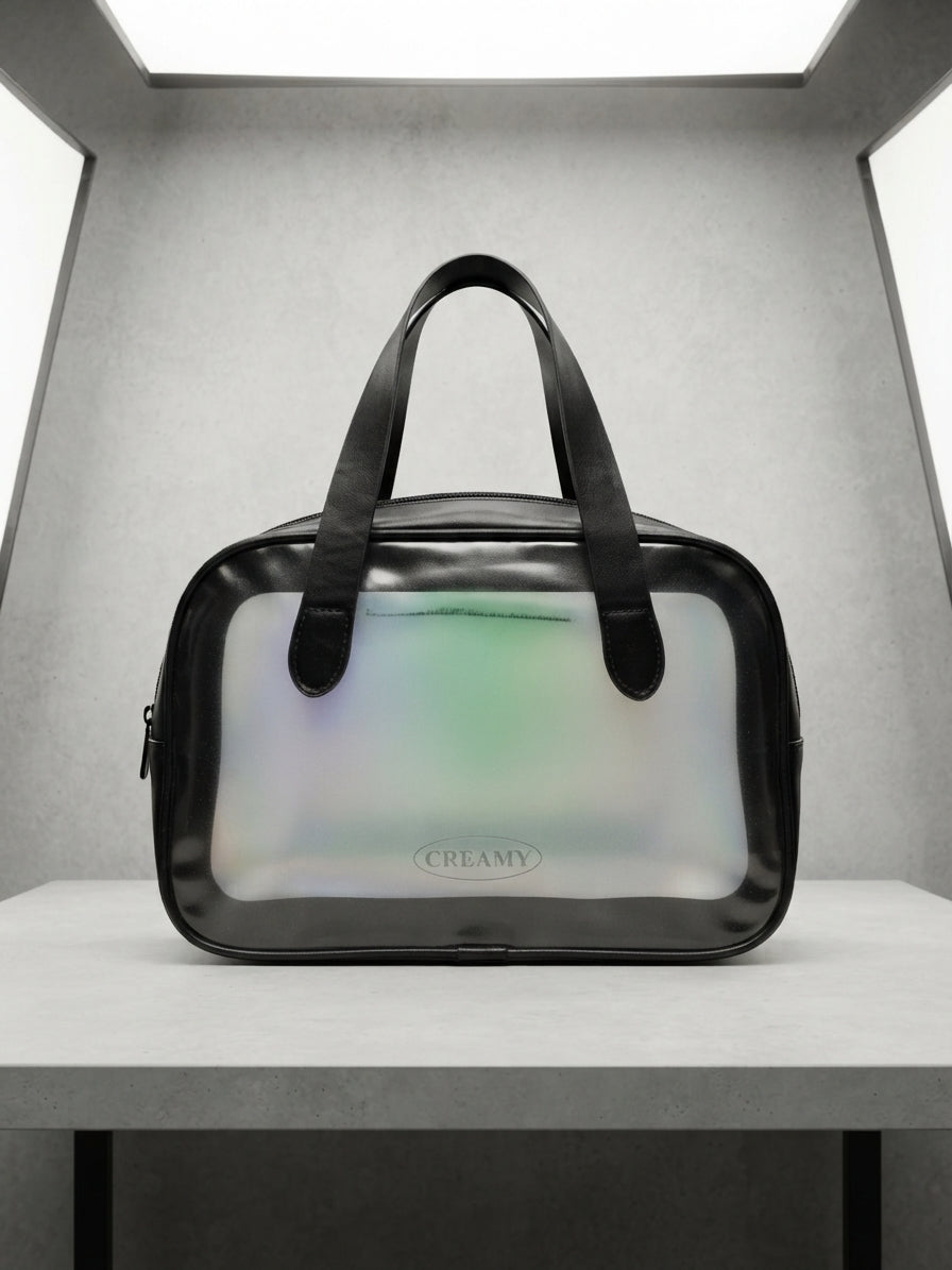 CREAMY Waterproof Travel Cosmetic Bag & Makeup Organizer with Dual Compartment, Wet-Dry Separation, and Clear PVC Design