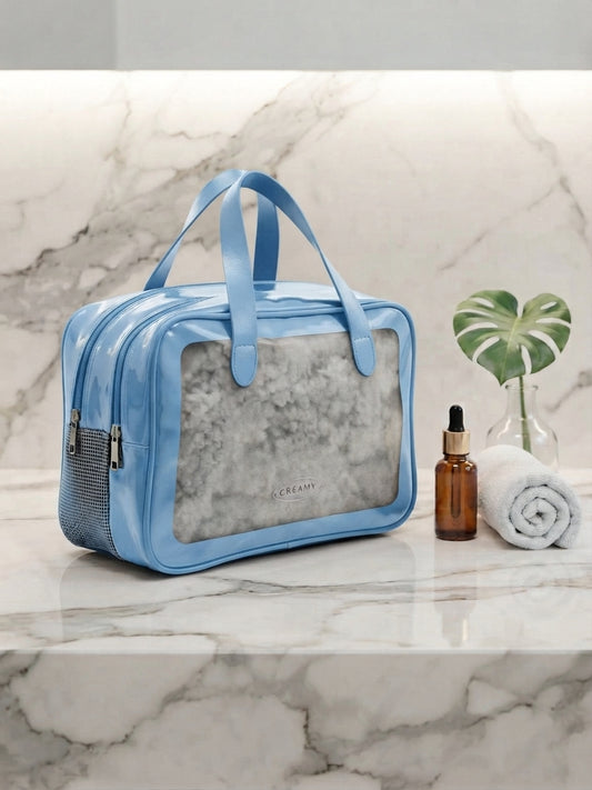 Creamy Large Waterproof Clear Travel Cosmetic Bag – Portable Multi-Compartment Toiletry Organizer Pouch with Carry Handle