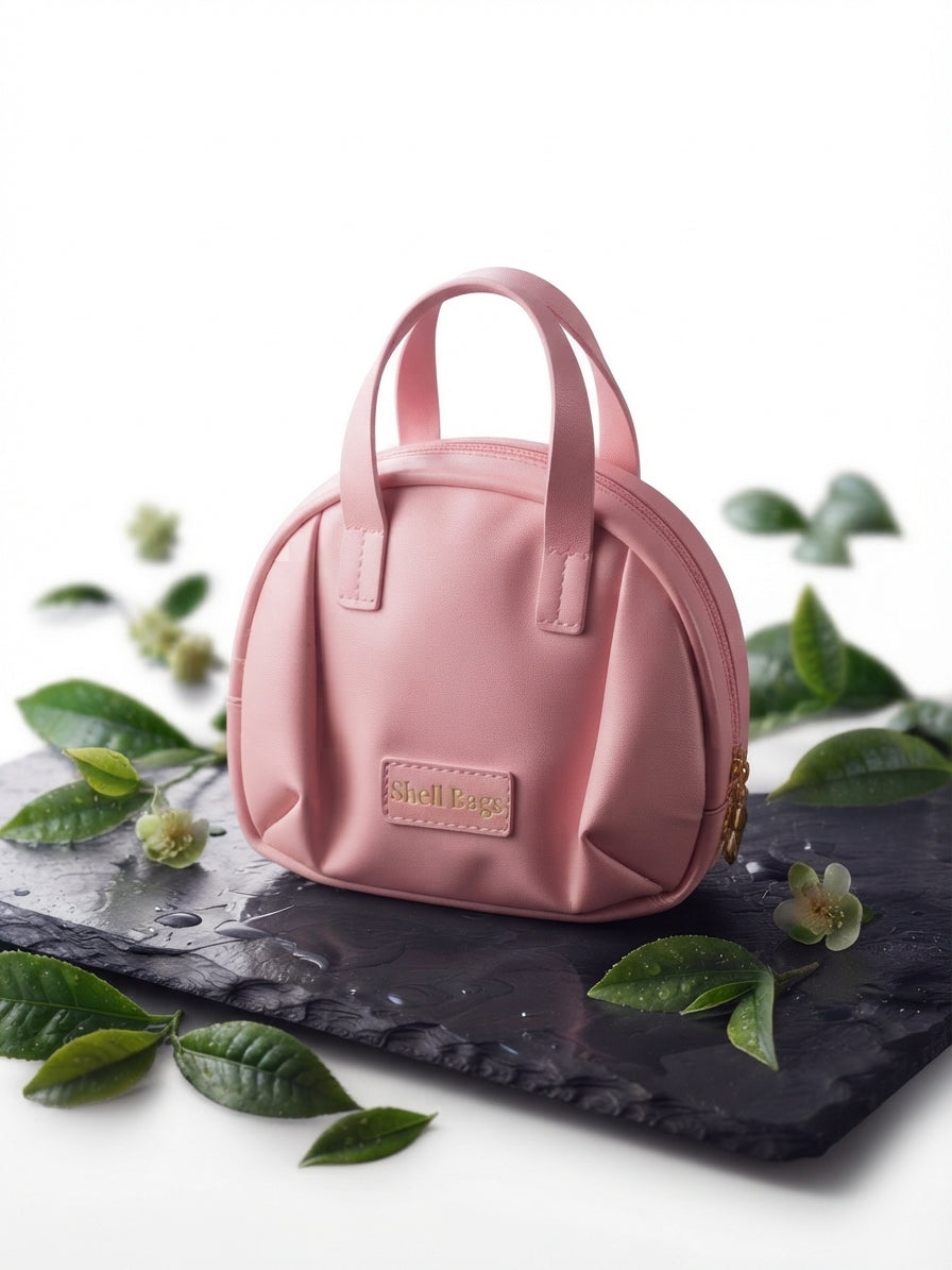 Premium PU Leather Cosmetic Shell Bag – Elegant Travel Makeup Pouch with Gold Hardware and Top Handle