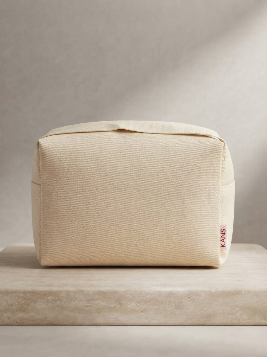 Premium Canvas Cosmetic Bag – Sleek Handle-Free Travel Makeup Pouch with KANS Branding