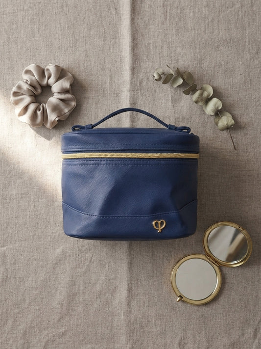 Premium Navy Blue Cosmetic Organizer Pouch – Saffiano-Style Travel Makeup Bag with Gold Hardware & Top Handle