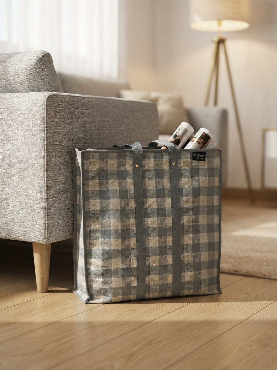 Supreme Triton 16x16 Storage Bag – Premium Gray-Blue Plaid Foldable Closet & Laundry Organizer with Heavy-Duty Handles