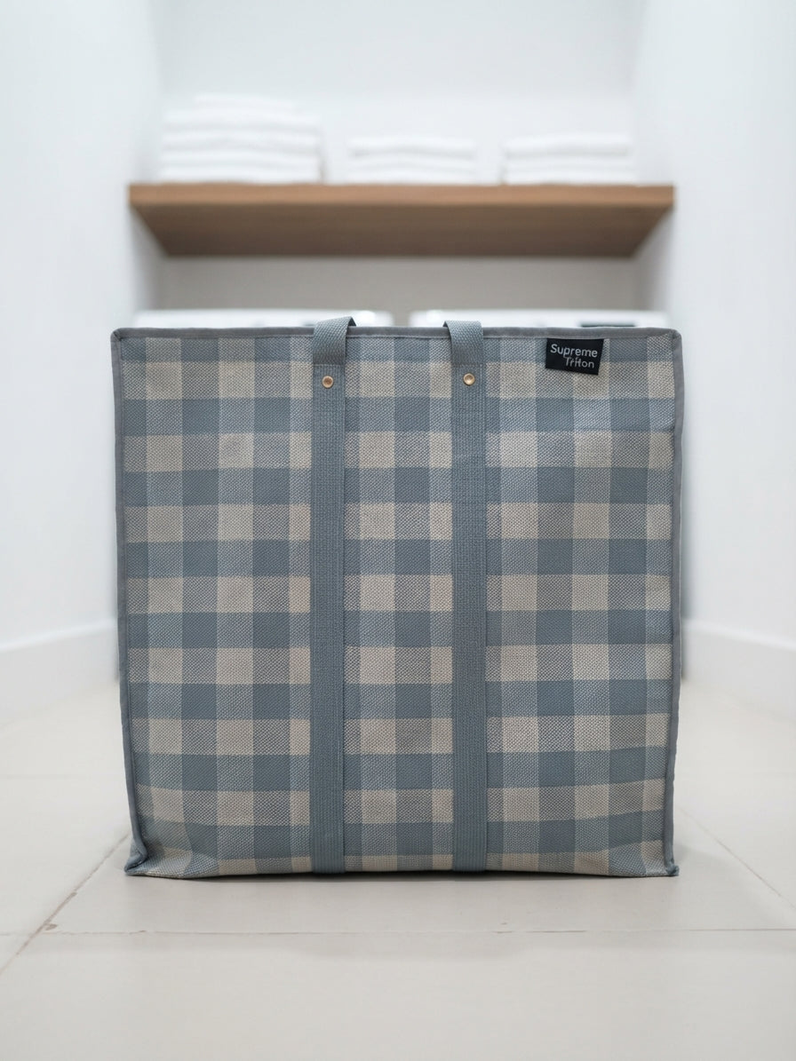 Supreme Triton 16x16 Storage Bag – Premium Gray-Blue Plaid Foldable Closet & Laundry Organizer with Heavy-Duty Handles