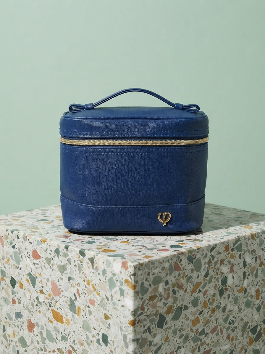Premium Navy Blue Cosmetic Organizer Pouch – Saffiano-Style Travel Makeup Bag with Gold Hardware & Top Handle