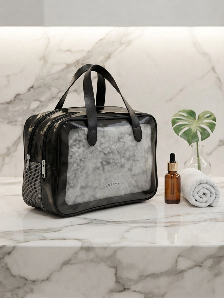 Creamy Large Waterproof Clear Travel Cosmetic Bag – Portable Multi-Compartment Toiletry Organizer Pouch with Carry Handle