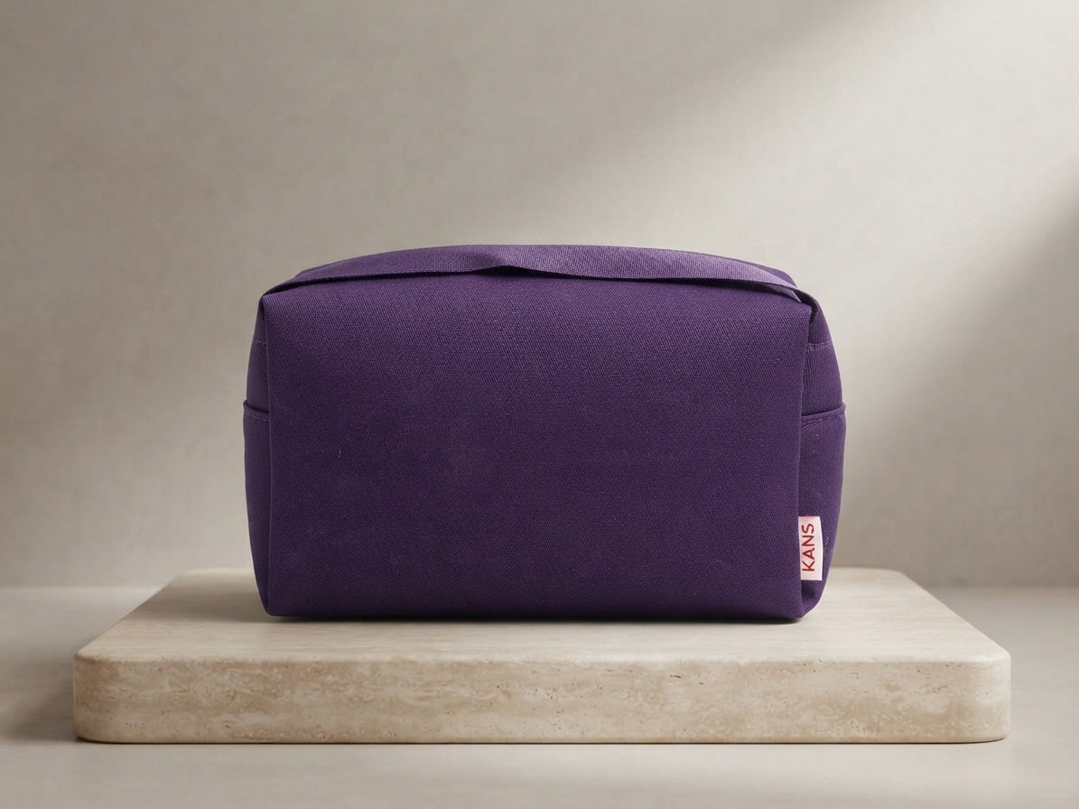 Premium Canvas Cosmetic Bag – Sleek Handle-Free Travel Makeup Pouch with KANS Branding