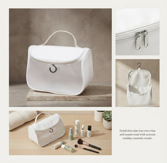 White Travel Cosmetic Bag & Hanging Toiletry Organizer with Clear Front Window