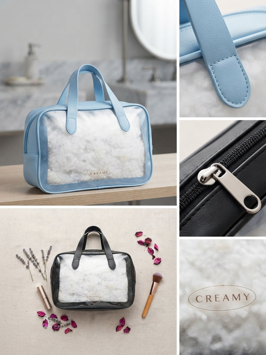 Creamy Large Waterproof Clear Travel Cosmetic Bag – Portable Multi-Compartment Toiletry Organizer Pouch with Carry Handle