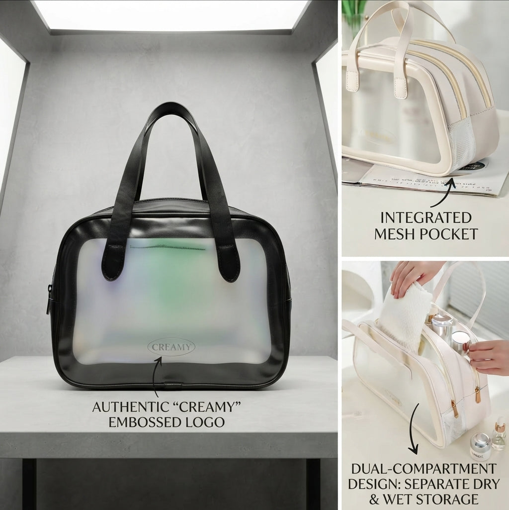 CREAMY Waterproof Travel Cosmetic Bag & Makeup Organizer with Dual Compartment, Wet-Dry Separation, and Clear PVC Design