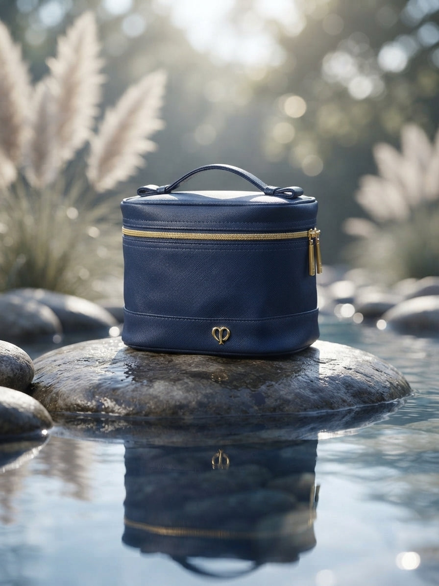Premium Navy Blue Cosmetic Organizer Pouch – Saffiano-Style Travel Makeup Bag with Gold Hardware & Top Handle