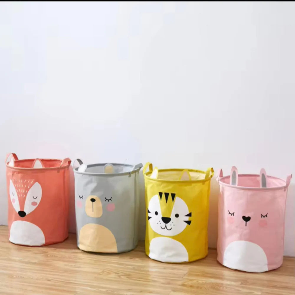 Random print Cartoon Pattern Hamper With Handle, Linen Fabric With Ears Shape Storage Bucket For Clothes And Children's Toy Organization