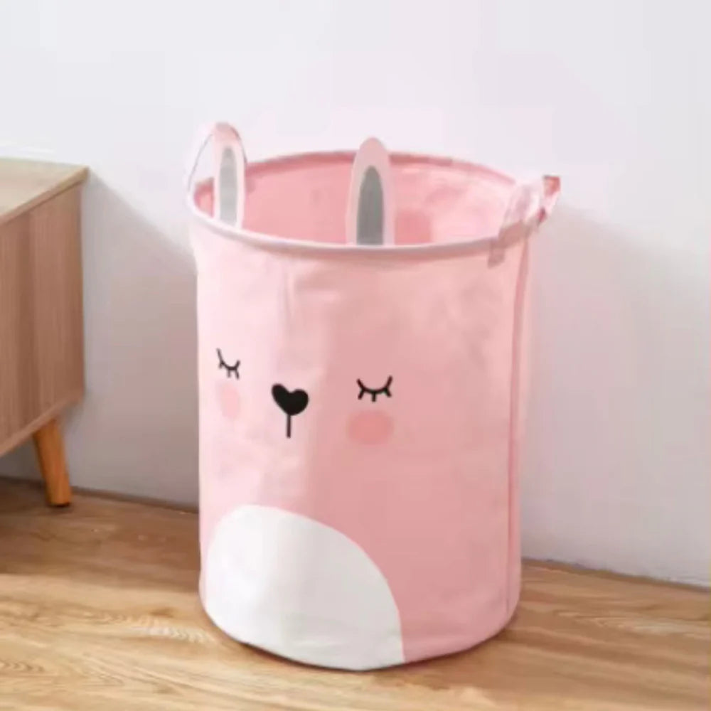 Random print Cartoon Pattern Hamper With Handle, Linen Fabric With Ears Shape Storage Bucket For Clothes And Children's Toy Organization