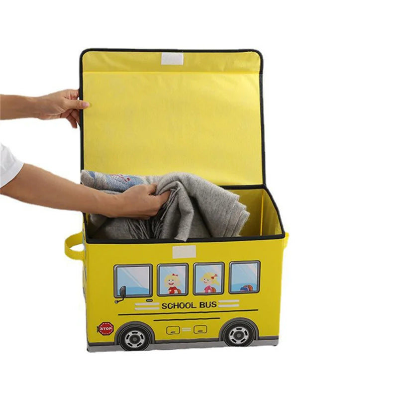 School Bus Car Shaped Folding Storage Toy Box And Seat For Kids - Multi Color