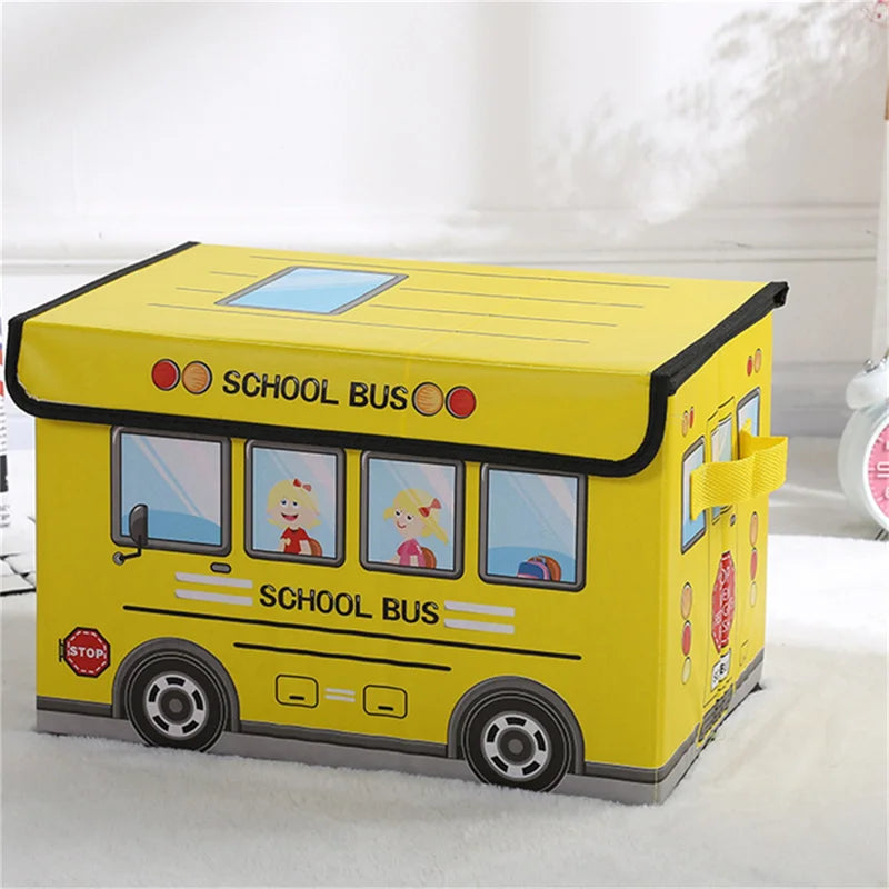 School Bus Car Shaped Folding Storage Toy Box And Seat For Kids - Multi Color