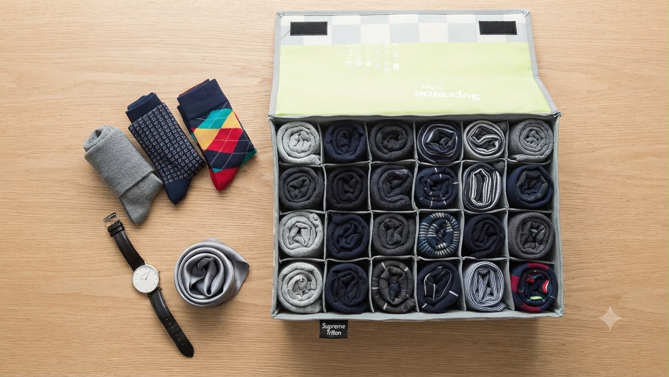 Supreme Laminated Fabric Socks Organiser | Heavy-Duty Drawer Storage Box with Dividers