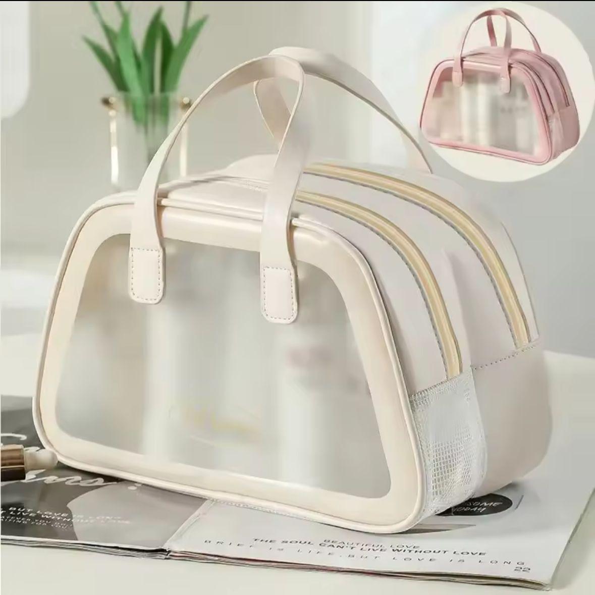 CREAMY Waterproof Travel Cosmetic Bag & Makeup Organizer with Dual Compartment, Wet-Dry Separation, and Clear PVC Design