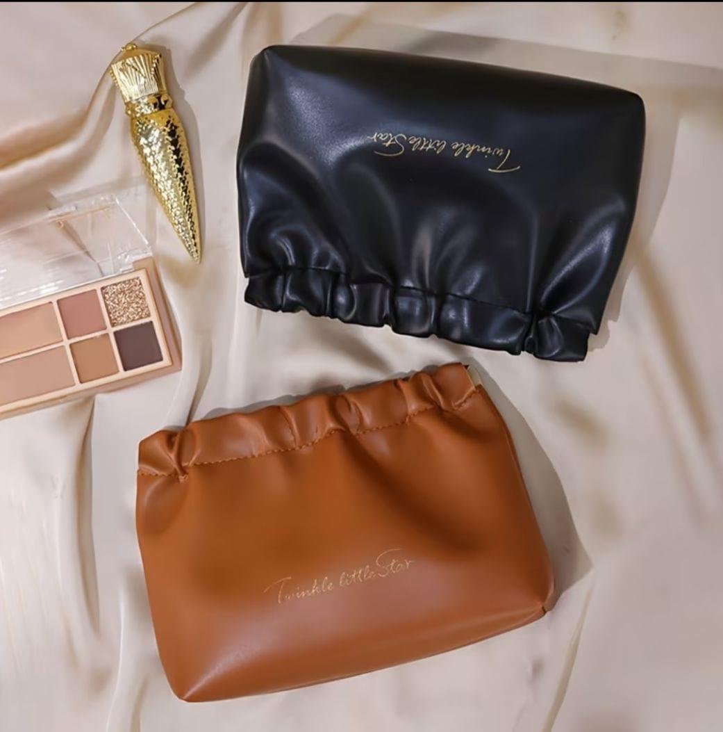Elegant Ruched PU Leather Cosmetic & Makeup Pouch