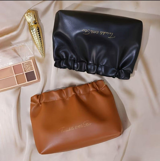 Elegant Ruched PU Leather Cosmetic & Makeup Pouch