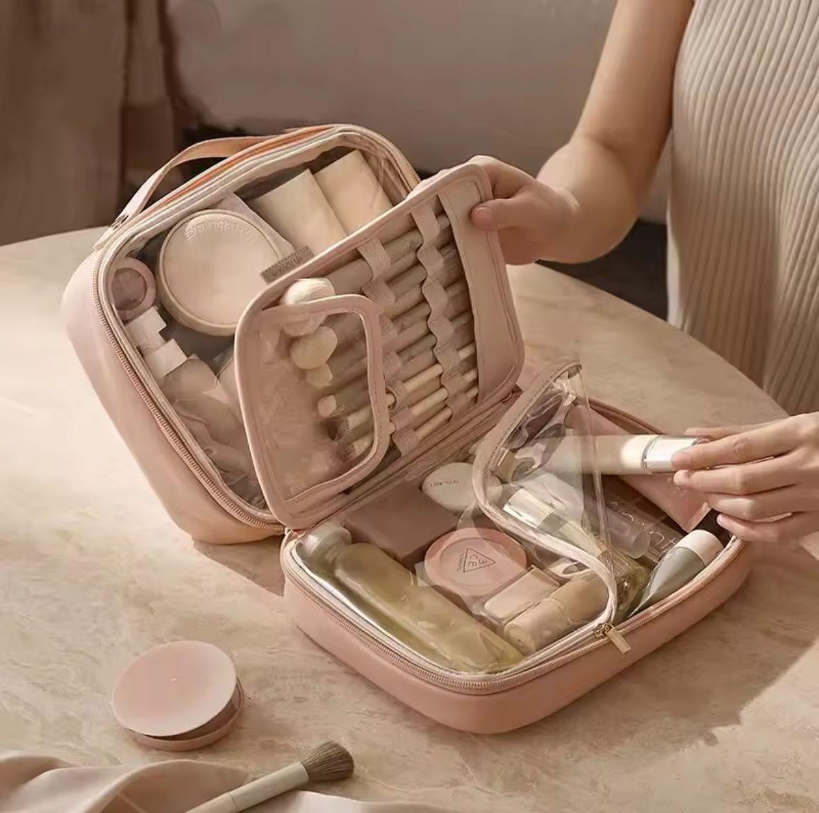 Premium Leather Cosmetic & Makeup Organizer Bag – Multi-Compartment Travel Vanity Case