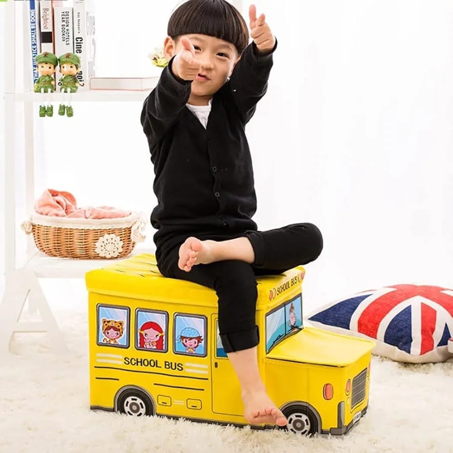 School Bus Car Shaped Folding Storage Toy Box And Seat For Kids - Multi Color