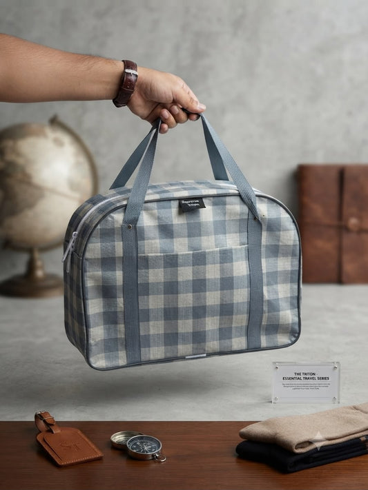 Supreme Laminated D-Bag – Blue & Cream Checked Travel & Duffle Bag with Pocket & Luggage Tag