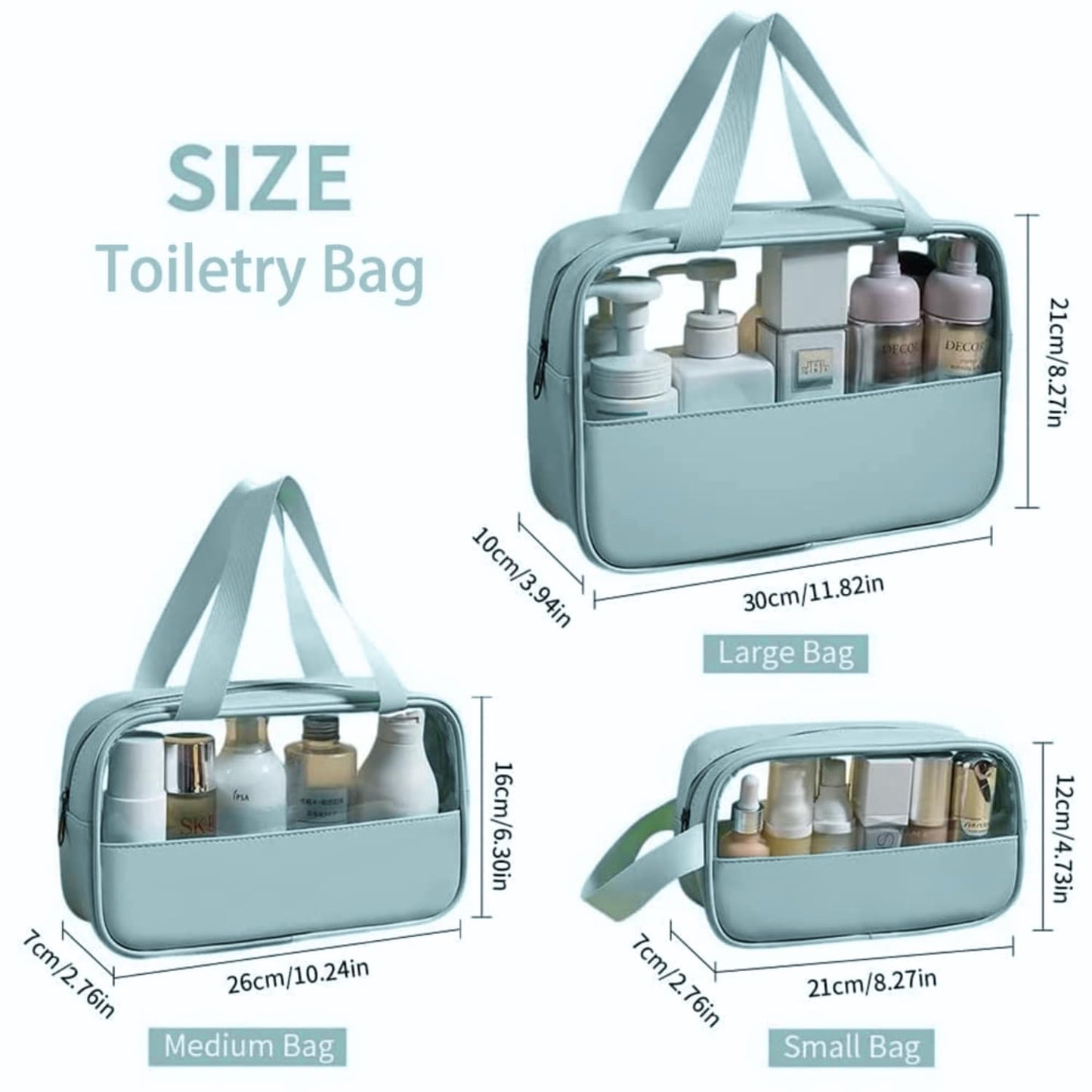 Travel Toiletry Pouch for Women & Men, Portable Cosmetic Organizer Bag for Full-Sized Shampoo, Brushes Set, (Blue, 3 pcs Set)