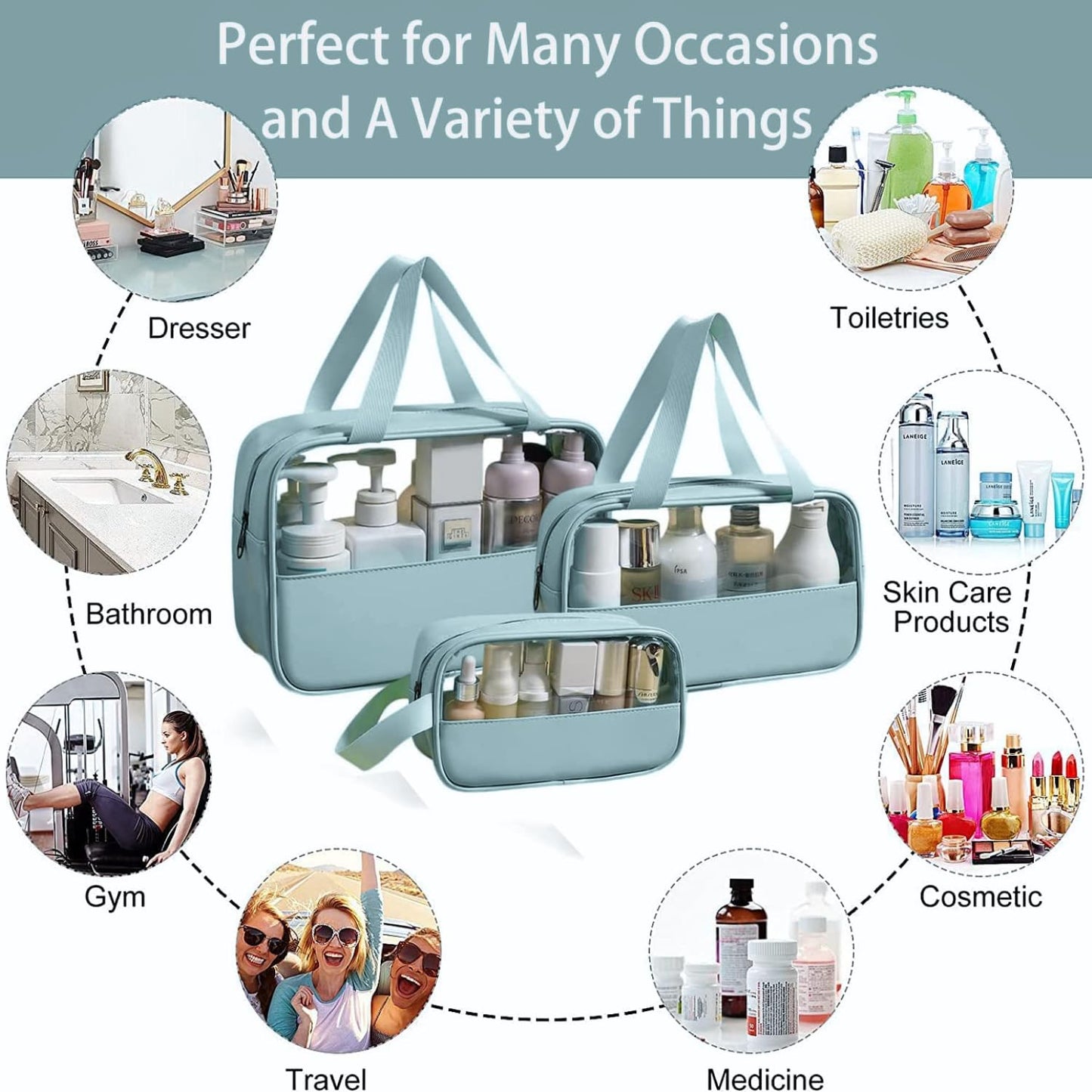 Travel Toiletry Pouch for Women & Men, Portable Cosmetic Organizer Bag for Full-Sized Shampoo, Brushes Set, (Blue, 3 pcs Set)