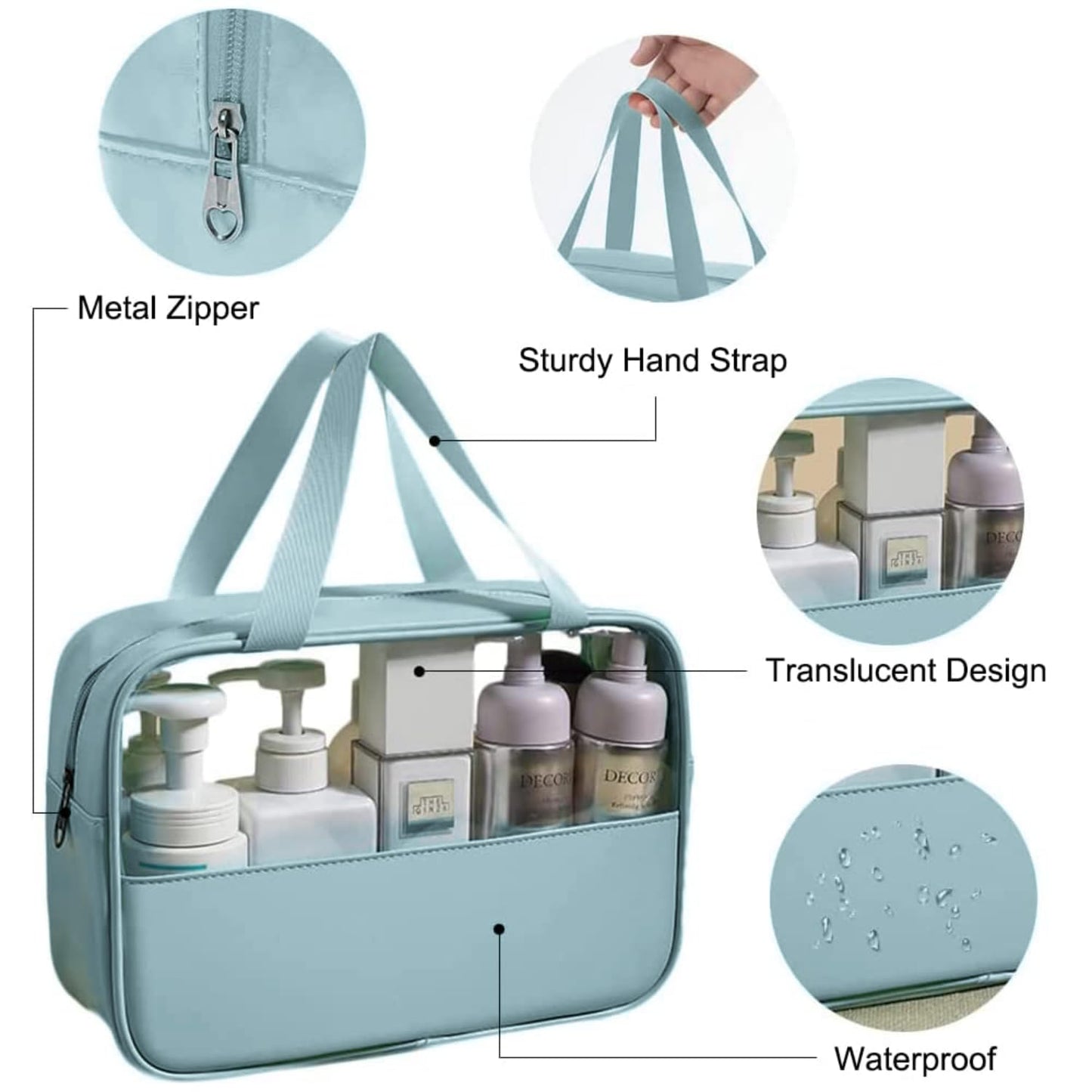 Travel Toiletry Pouch for Women & Men, Portable Cosmetic Organizer Bag for Full-Sized Shampoo, Brushes Set, (Blue, 3 pcs Set)